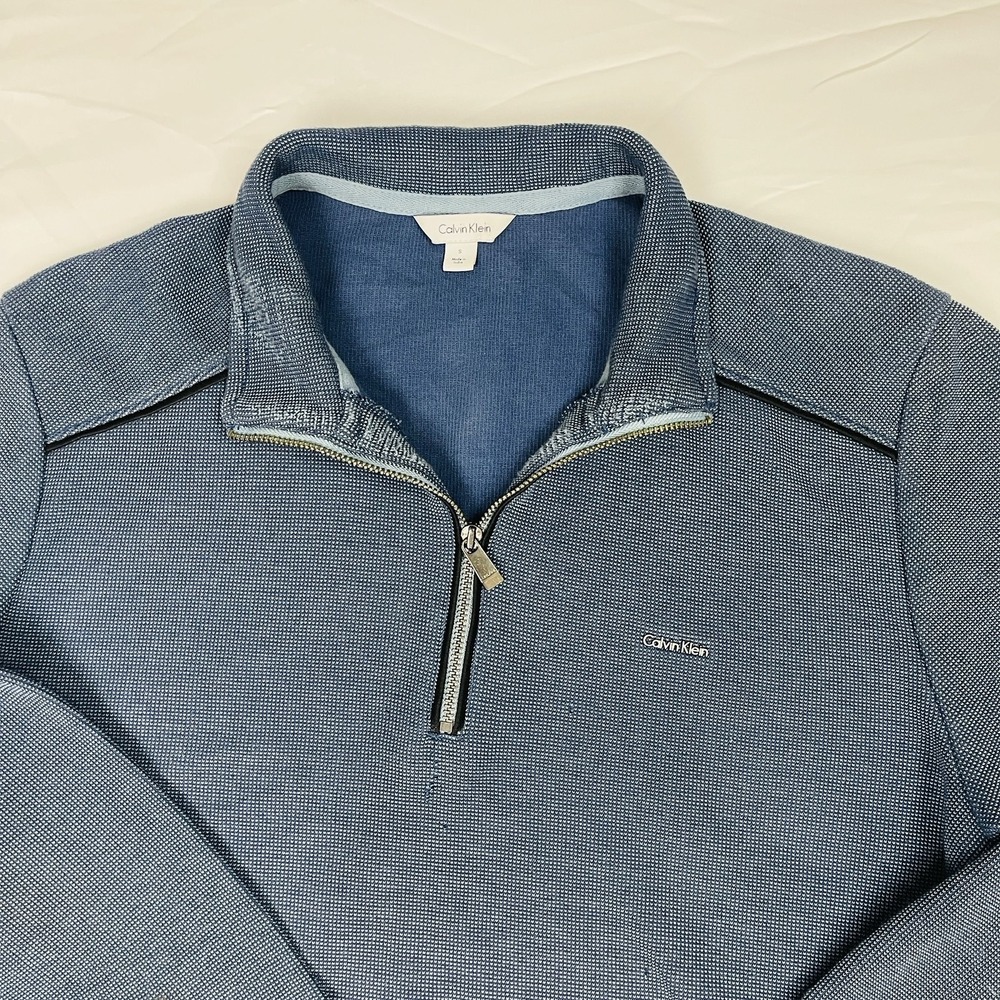 Calvin Klein Men's Quarter Zip Sweater Mock Neck Blue Birdseye Knit Pullover M